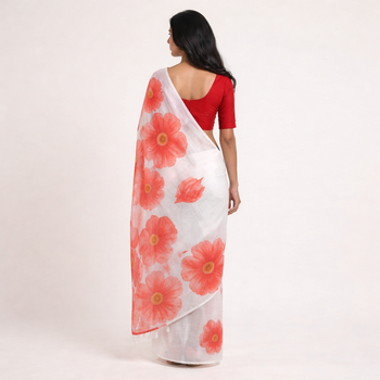 Red woven linen saree with blouse piece 3