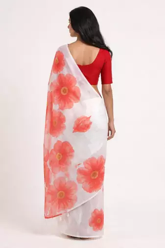 Red woven linen saree with blouse piece