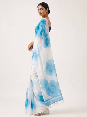 Blue woven linen saree with blouse piece 2