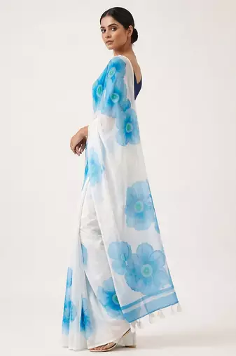 Blue woven linen saree with blouse piece