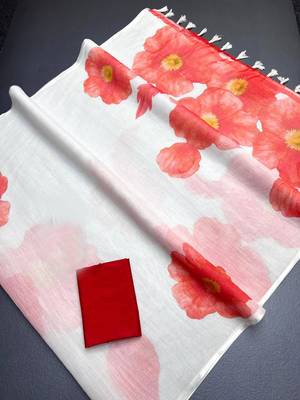 Red woven linen saree with blouse piece 4