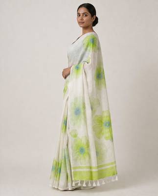 Green woven linen saree with blouse piece 2