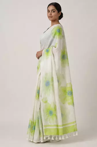 Green woven linen saree with blouse piece