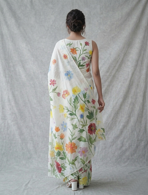 White woven linen saree with blouse piece 3