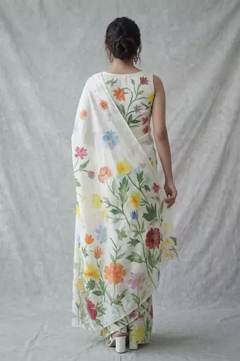 White woven linen saree with blouse piece