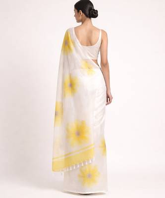 Yellow woven linen saree with blouse piece 3