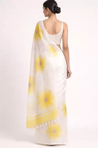 Yellow woven linen saree with blouse piece