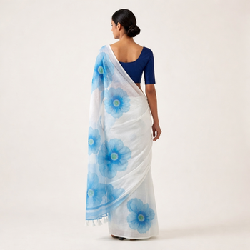 Blue woven linen saree with blouse piece 3