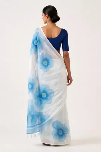 Blue woven linen saree with blouse piece