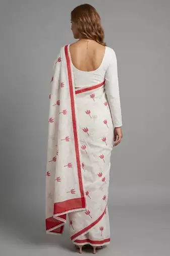White woven linen saree with blouse piece