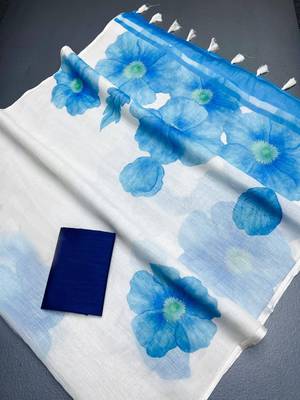 Blue woven linen saree with blouse piece 4