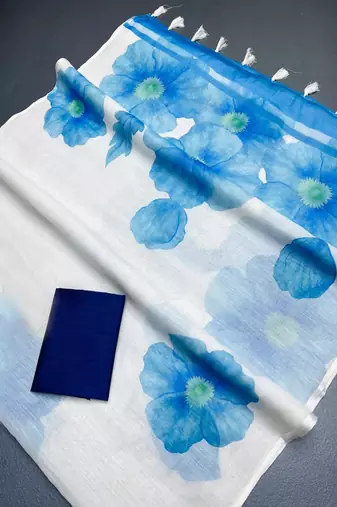 Blue woven linen saree with blouse piece
