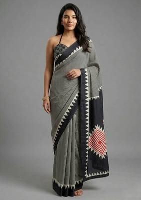 Black printed satin saree with blouse piece 1