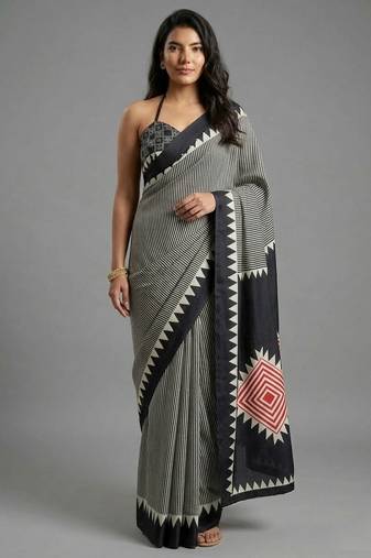 Black printed satin saree with blouse piece