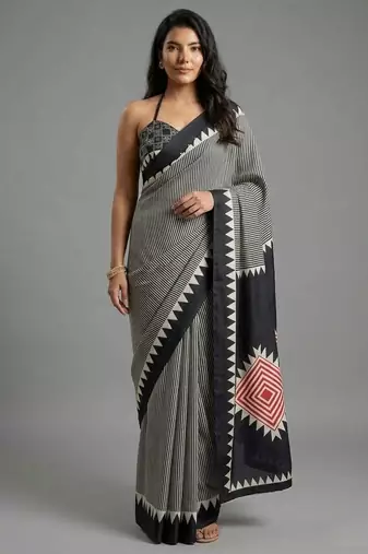 Black printed satin saree with blouse piece