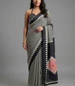 Black printed satin saree with blouse piece