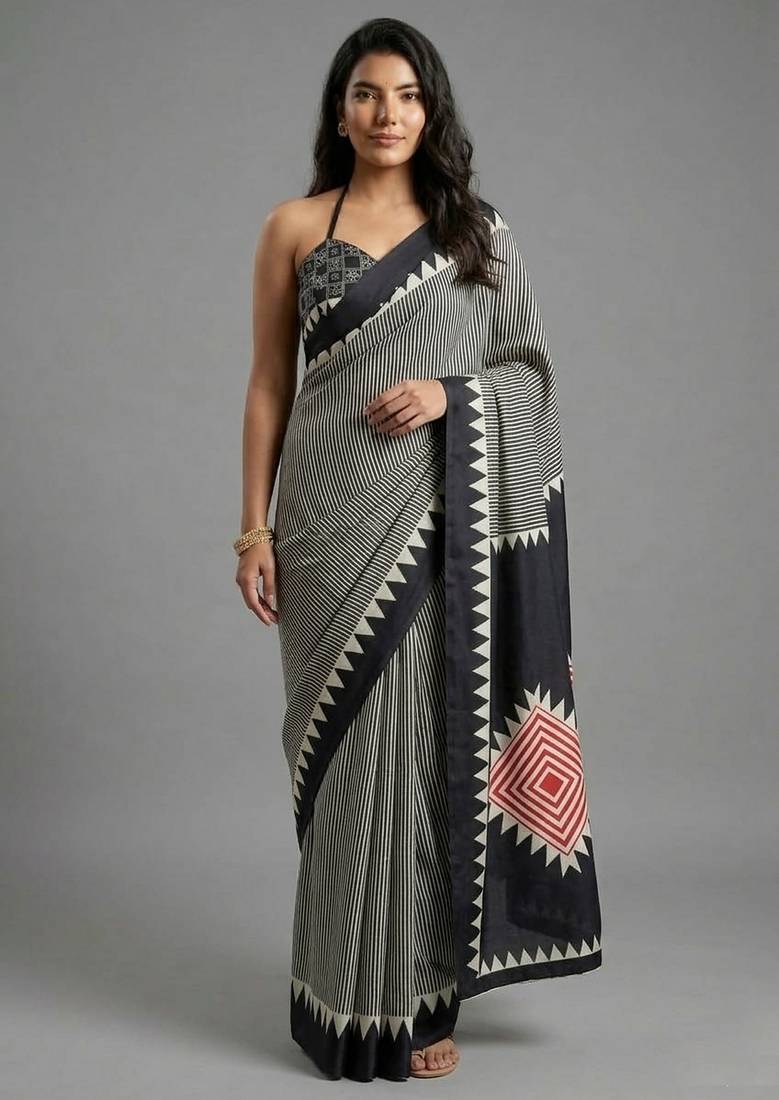 Black printed satin saree with blouse piece
