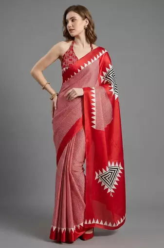 Red printed satin saree with blouse piece