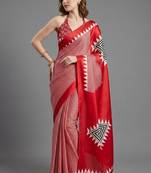 Red printed satin saree with blouse piece