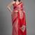 Red printed satin saree with blouse piece