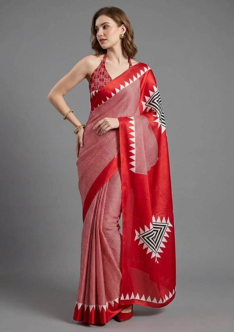 Red printed satin saree with blouse piece