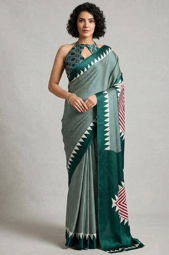 Turquoise printed satin saree with blouse piece