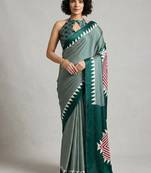 Turquoise printed satin saree with blouse piece