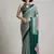 Turquoise printed satin saree with blouse piece