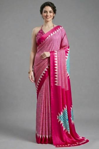 Pink printed satin saree with blouse piece