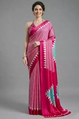 Pink printed satin saree with blouse piece