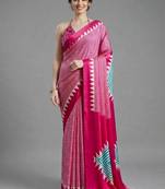 Pink printed satin saree with blouse piece