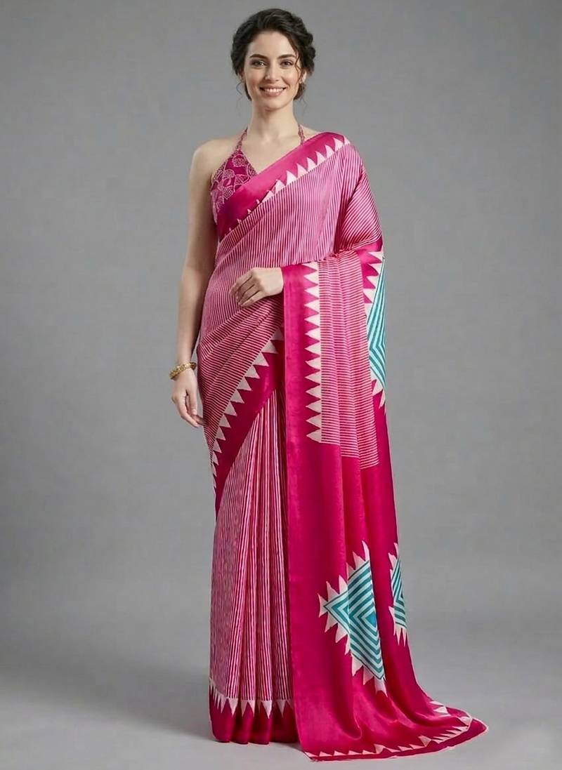 Pink printed satin saree with blouse piece