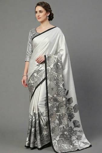 White printed satin saree with blouse piece