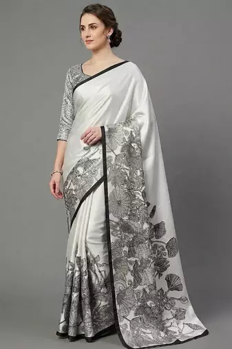 White printed satin saree with blouse piece