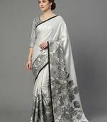 White printed satin saree with blouse piece