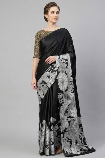 Black printed satin saree with blouse piece