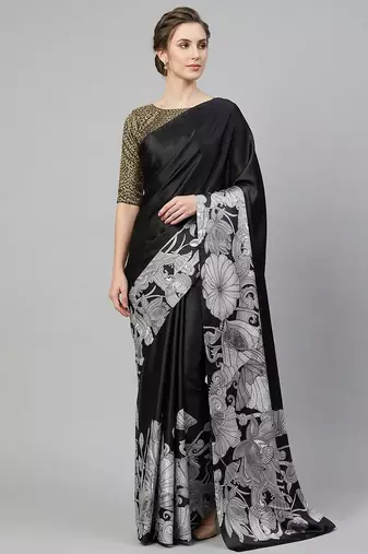 Black printed satin saree with blouse piece
