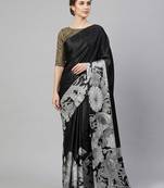 Black printed satin saree with blouse piece