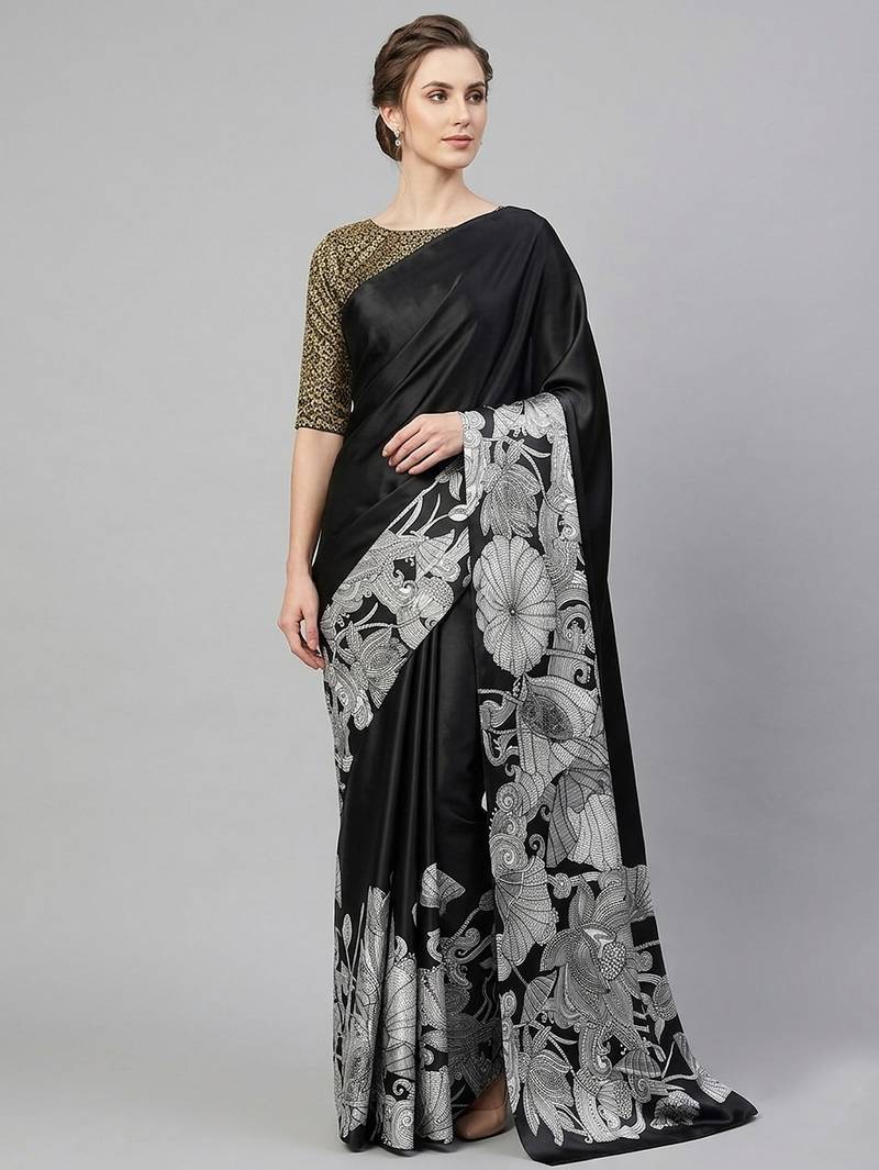 Black printed satin saree with blouse piece