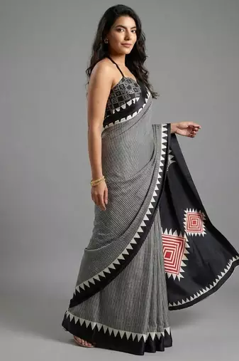Black printed satin saree with blouse piece