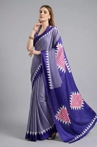 Purple printed satin saree with blouse piece