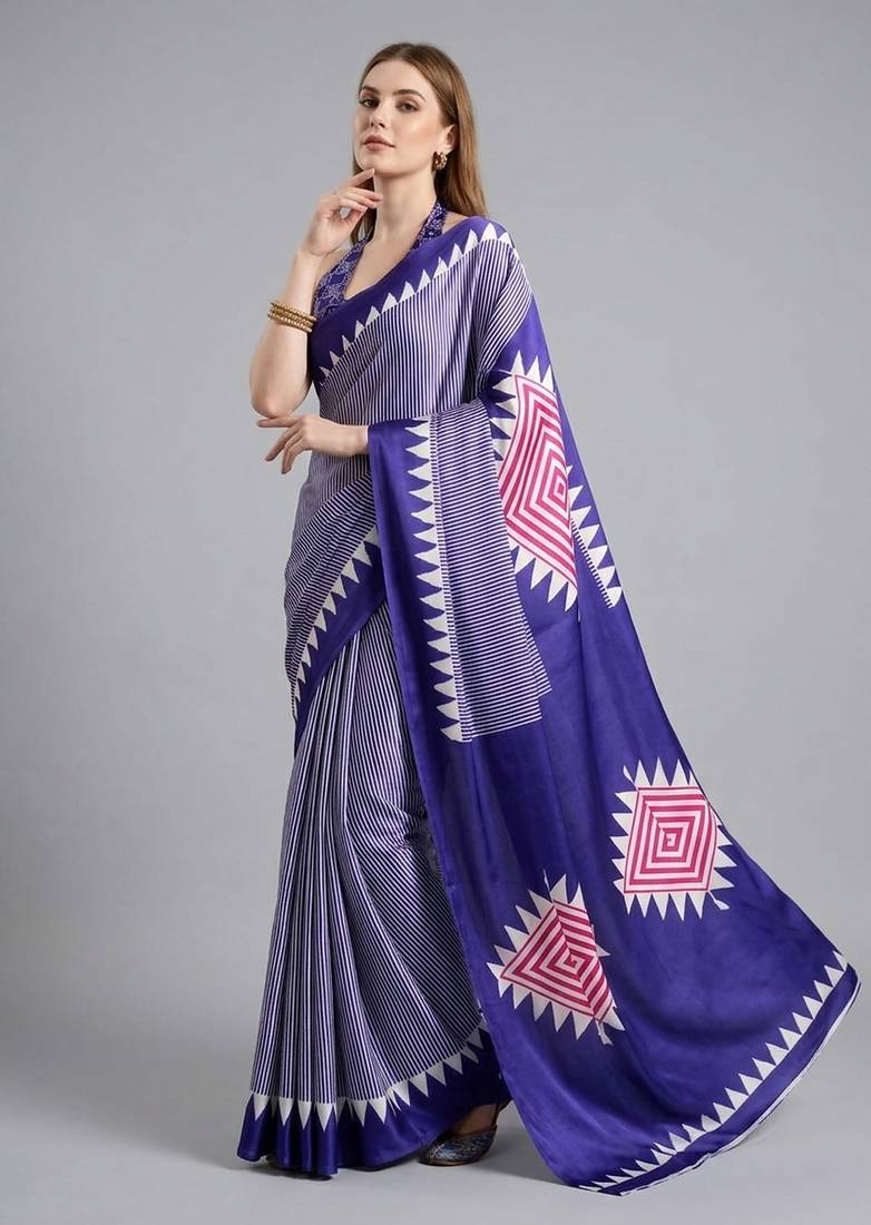 Purple printed satin saree with blouse piece