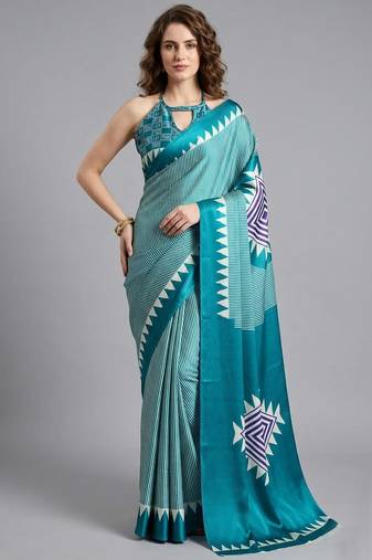 Blue printed satin saree with blouse piece