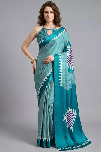 Blue printed satin saree with blouse piece