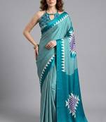 Blue printed satin saree with blouse piece