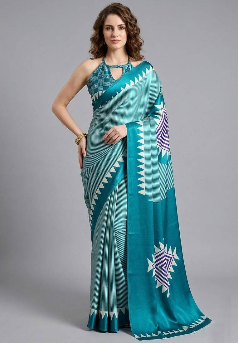 Blue printed satin saree with blouse piece