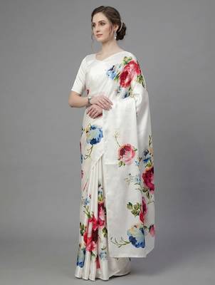 White printed satin saree with blouse piece 1