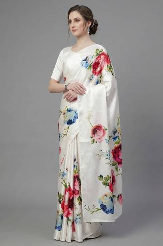 White printed satin saree with blouse piece