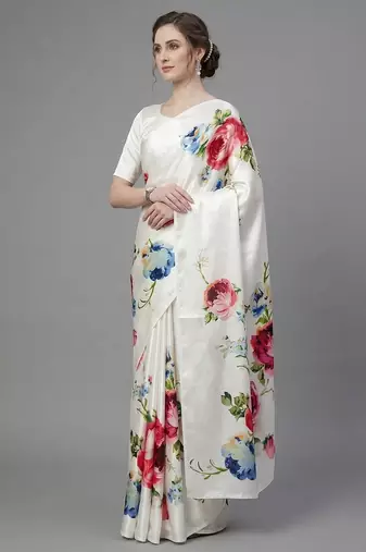 White printed satin saree with blouse piece