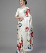 White printed satin saree with blouse piece